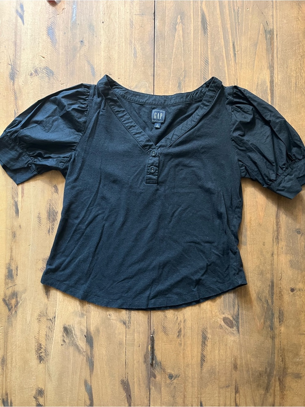 Hemp Cotton Blend Black V-Neck Short Puff Sleeve Top